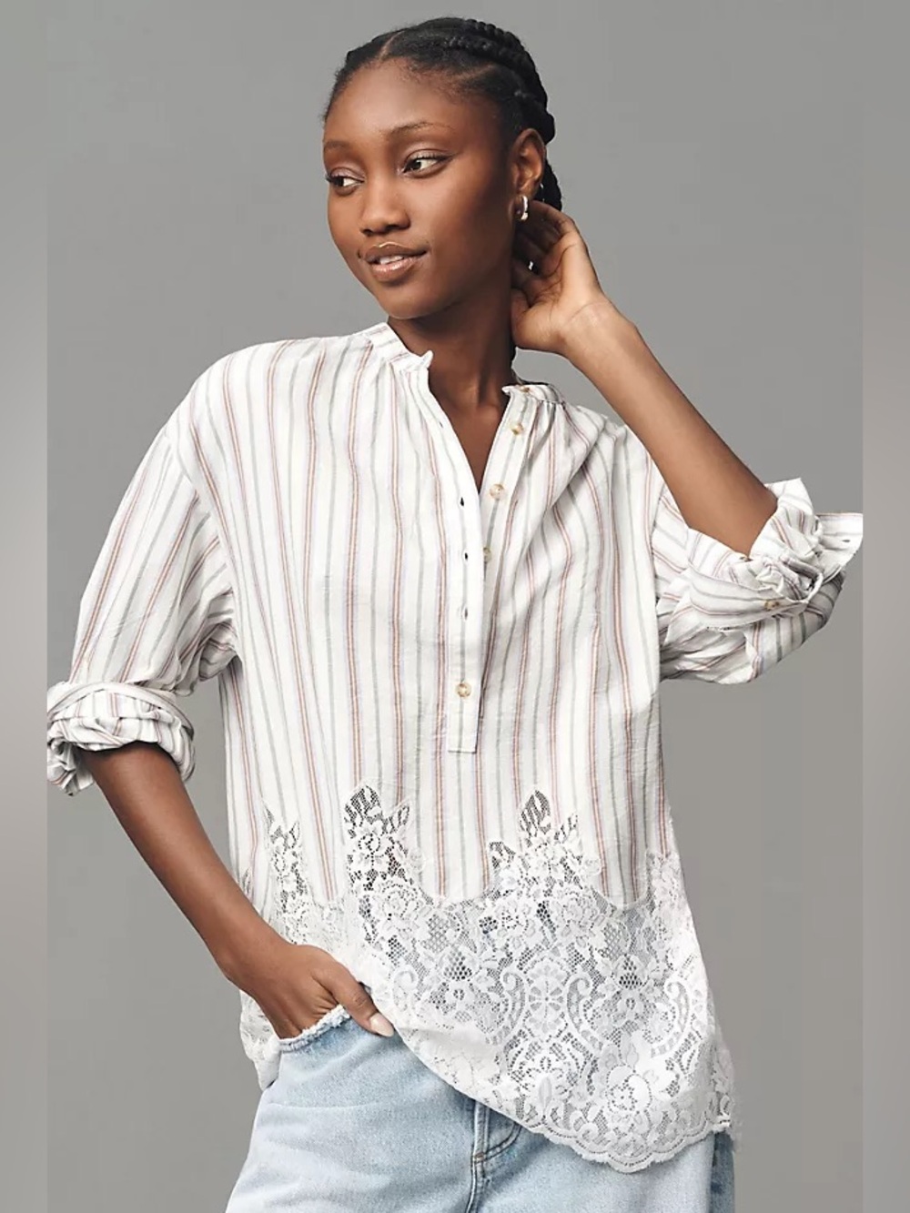 Pilcro White Striped Lace-Hem Popover Top